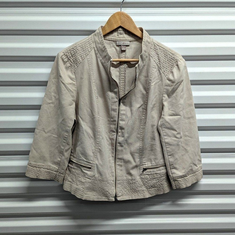 Quiet Luxury Moto Jacket Beige Textured Cotton Stretch Roz & Ali Medium